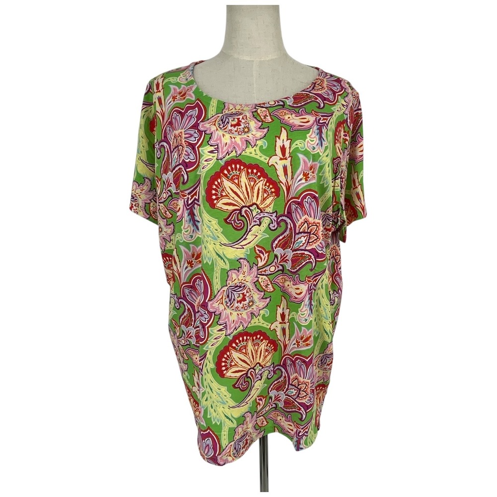 LAUREN Ralph Lauren Womens 3X Green Floral Paisley Short Sleeve Top Shirt Casual